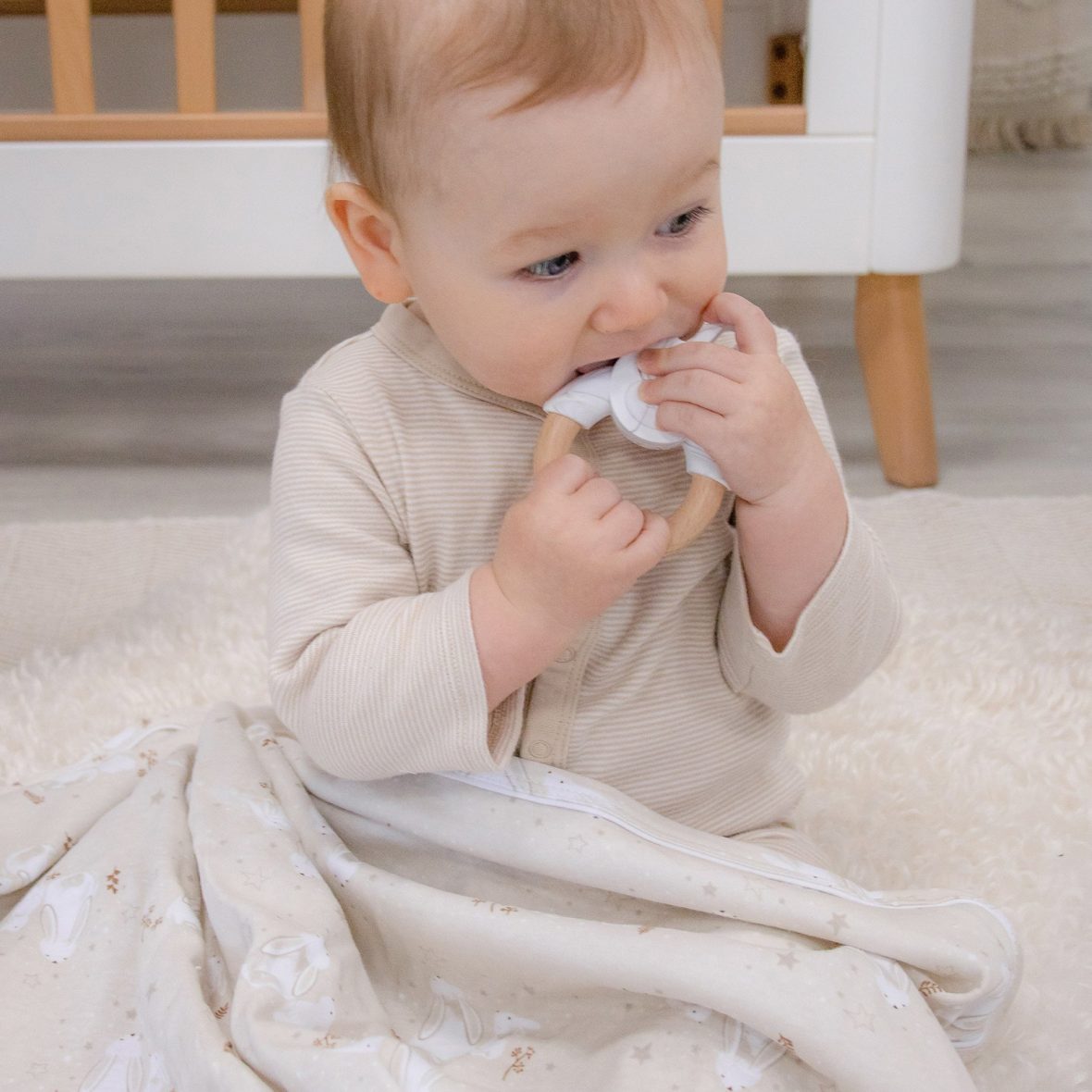 Bubba Blue Bunny Dreams Cotton Jersey Wrap & Silicone Teether Gift Set